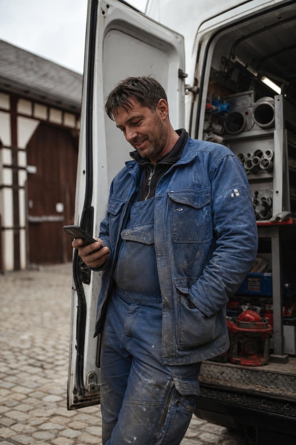 Handwerker an seinem Sprinter prüft neue Anfragen auf dem Smartphone